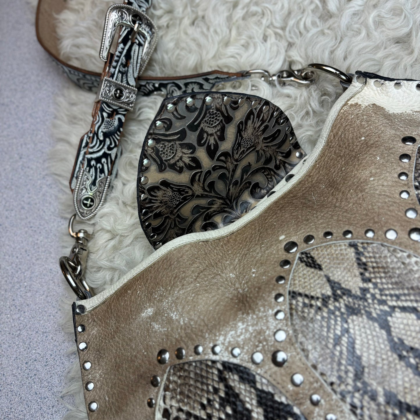 Distressed Leather and Python Cathedral Shoulder Bag