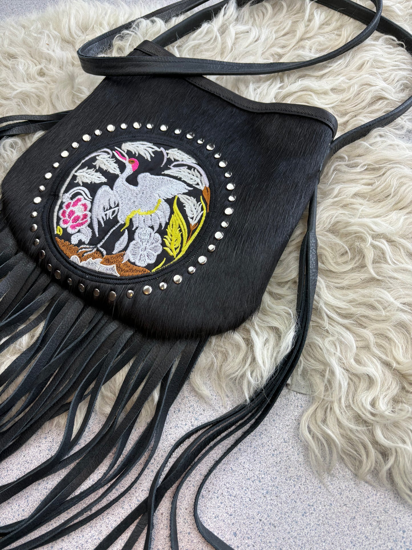 Black Studded Crane Bag with Fringe