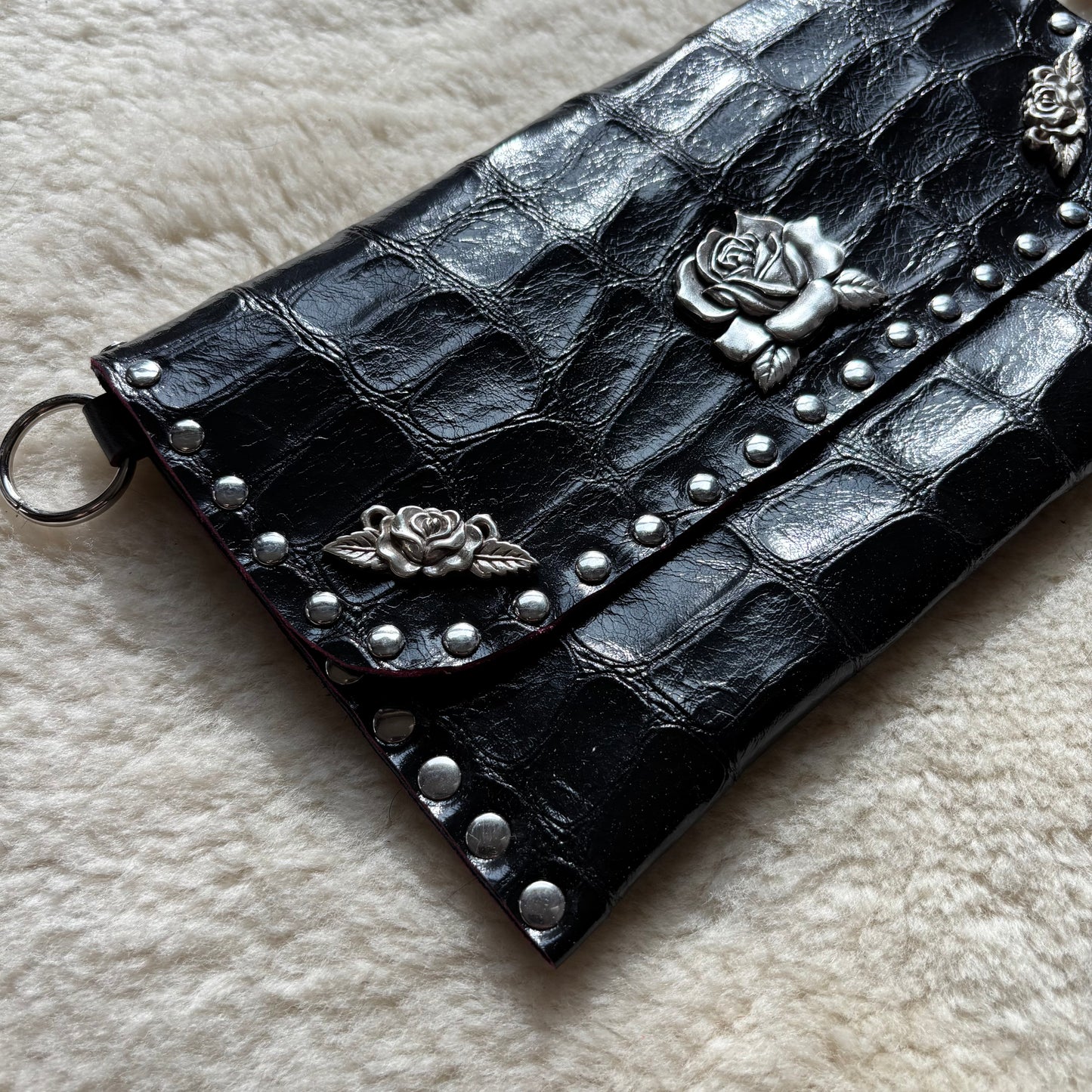 Black Croc Patent Rose Clutch
