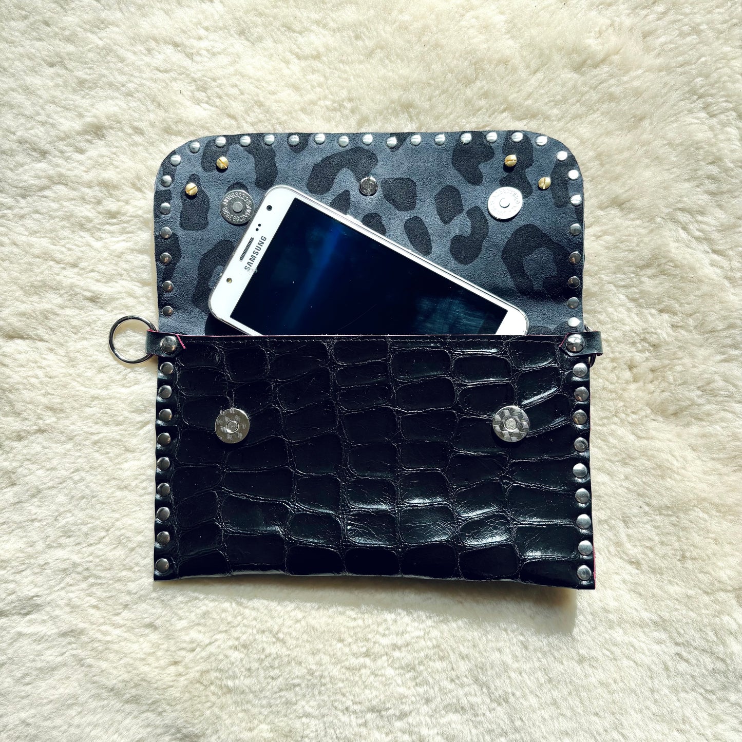 Black Croc Patent Rose Clutch