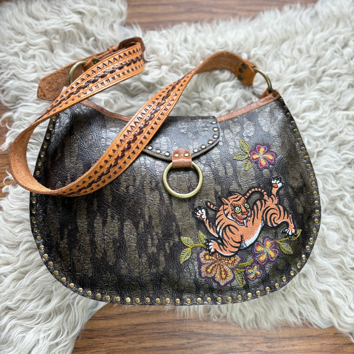 Olive Bark with Tiger Shoulder Bag