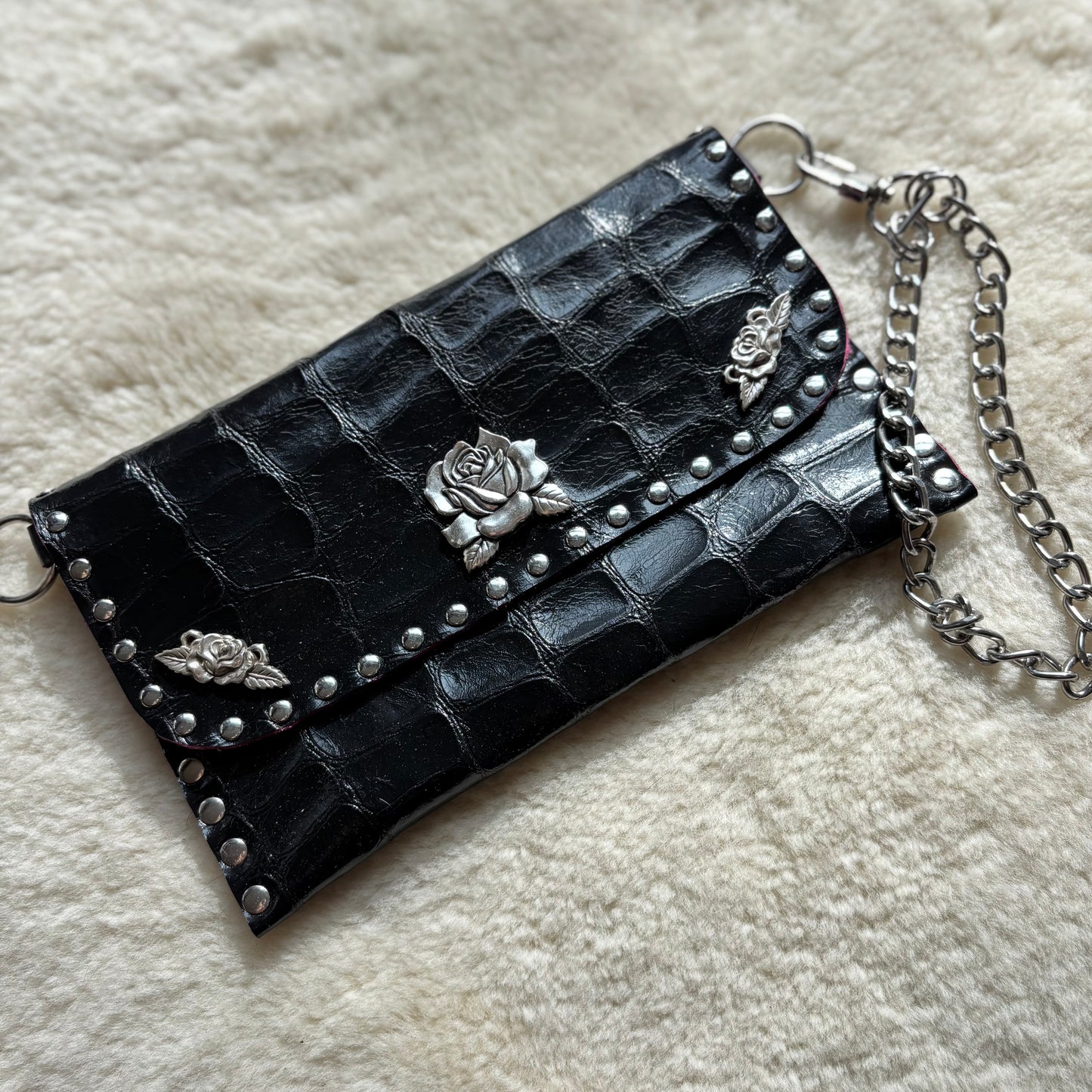 Black Croc Patent Rose Clutch