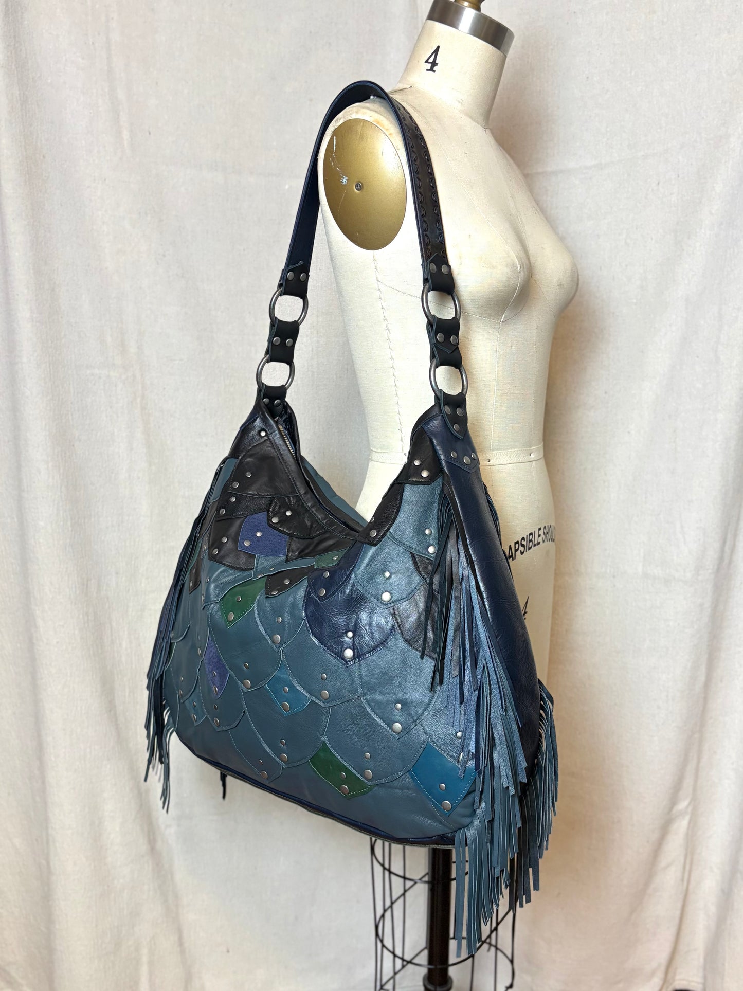 Steel Blue Reclaimed Leather Fish Scale Bag