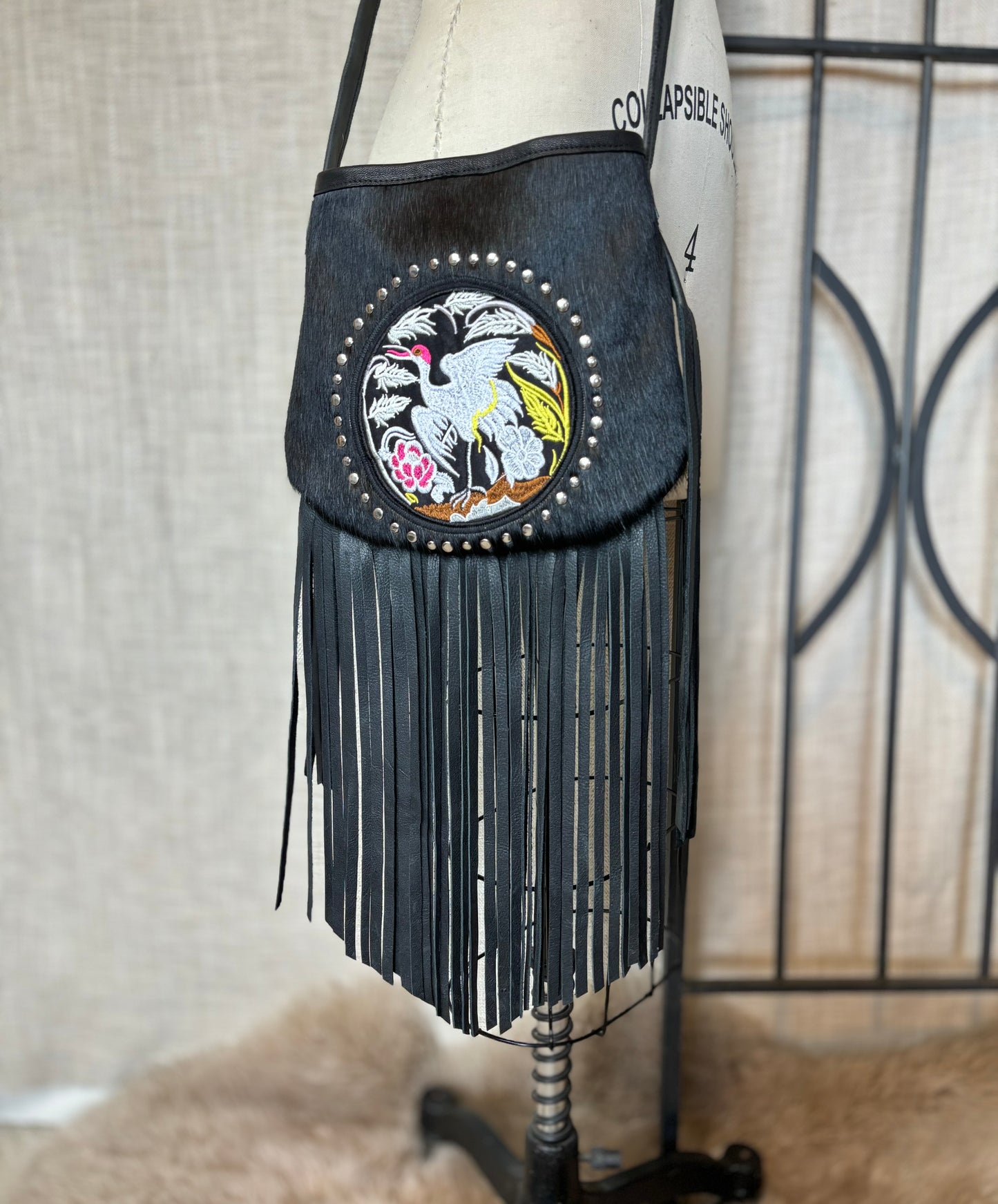 Black Studded Crane Bag with Fringe