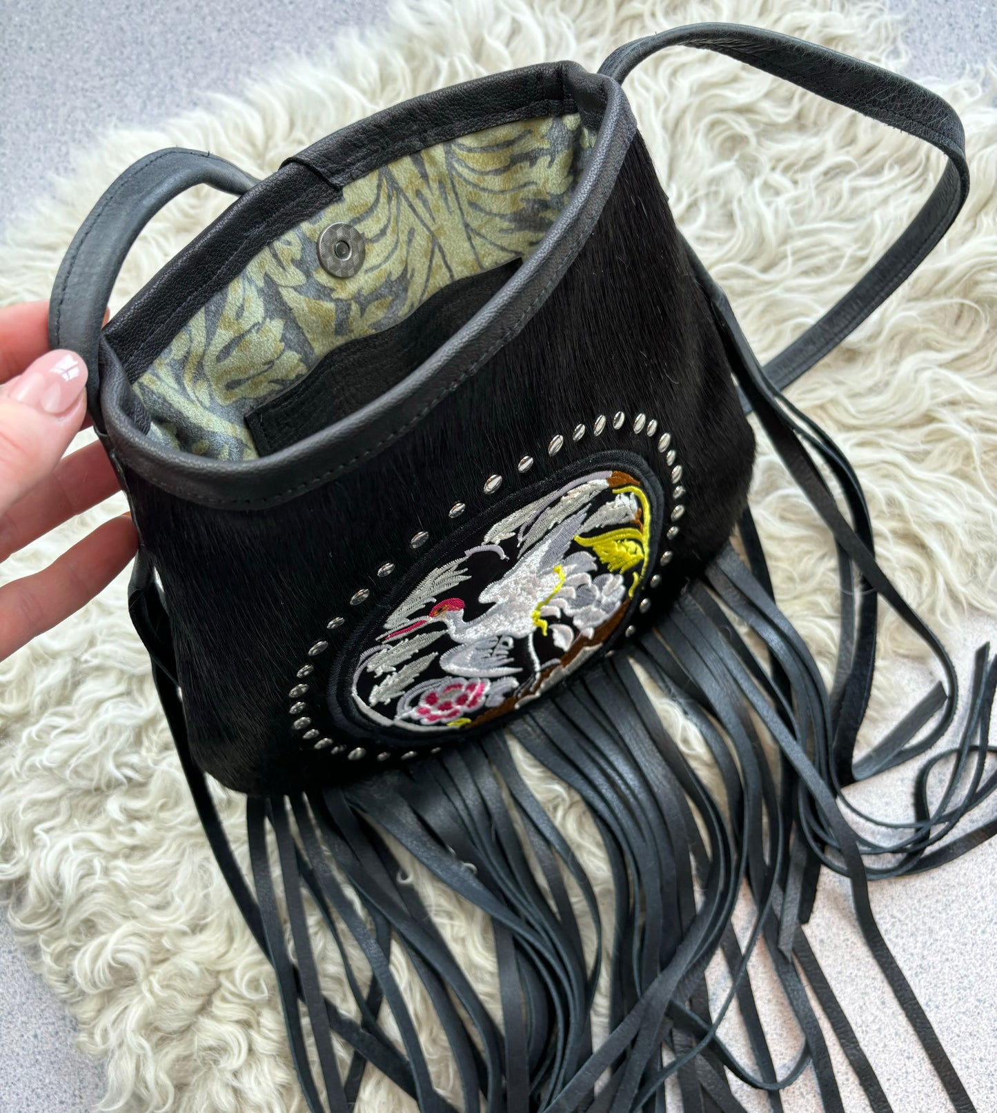 Black Studded Crane Bag with Fringe