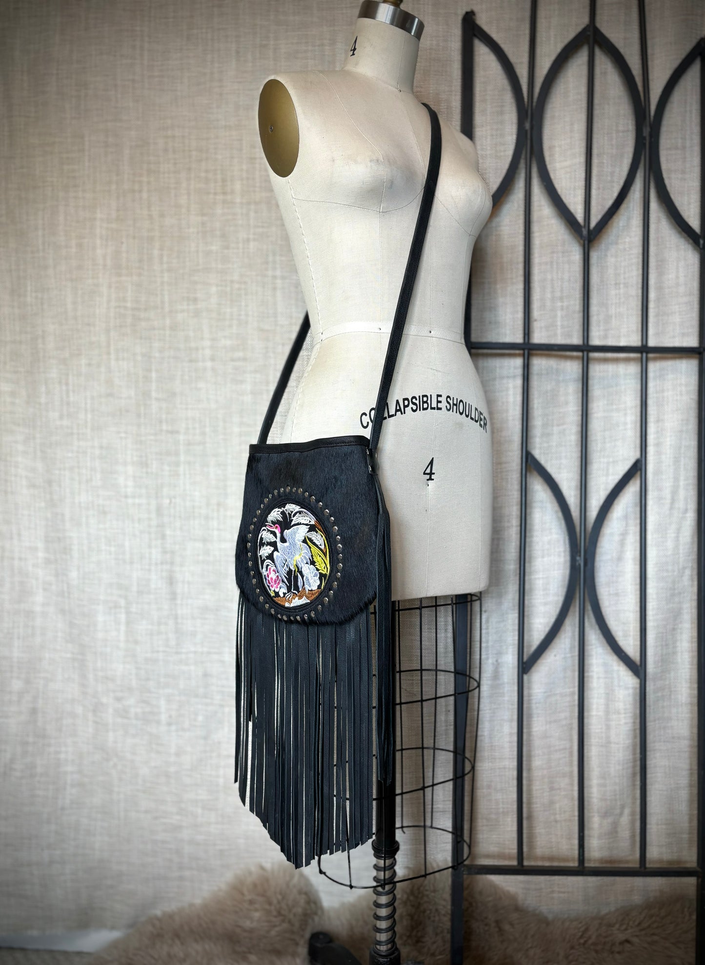 Black Studded Crane Bag with Fringe