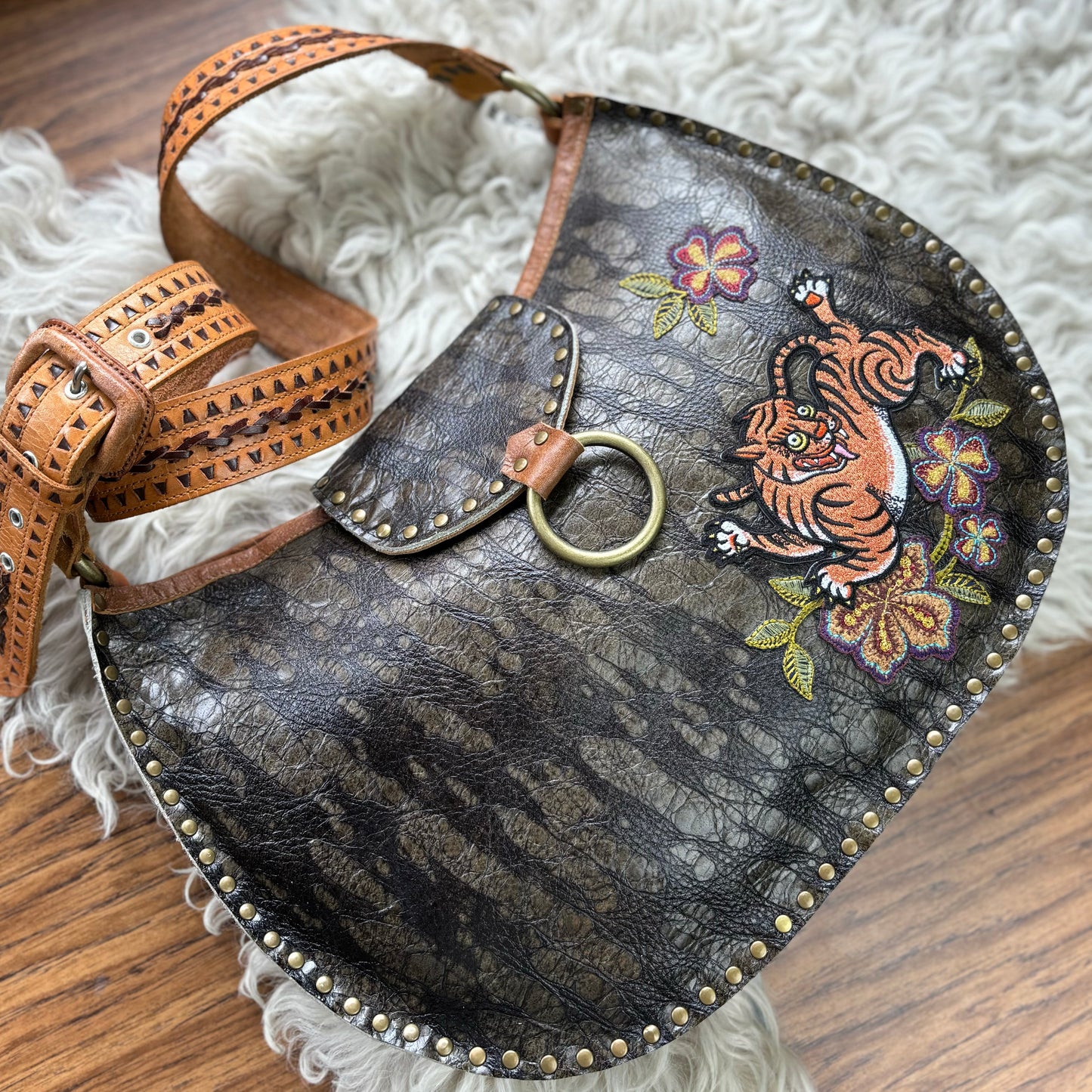 Olive Bark with Tiger Shoulder Bag