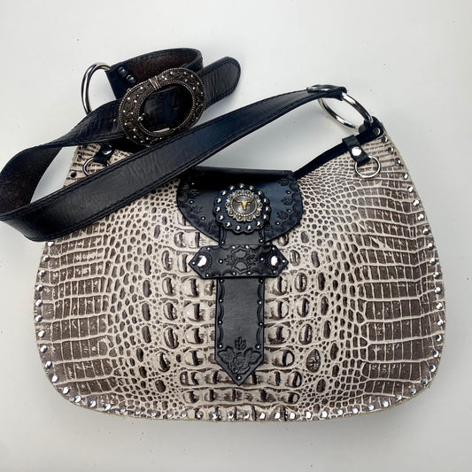 Taupe Croc Print Shoulder Bag with Western Concho