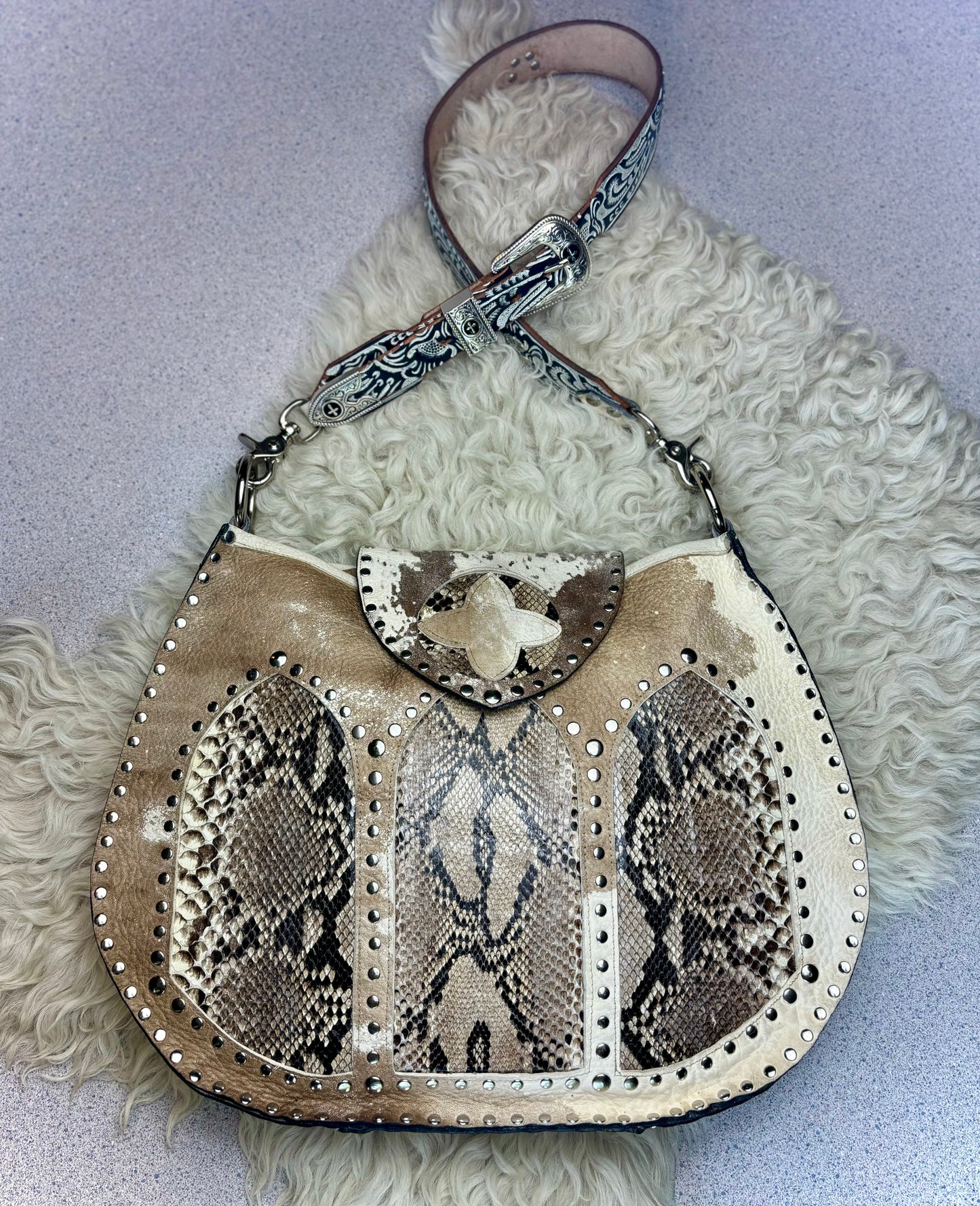 Distressed Leather and Python Cathedral Shoulder Bag