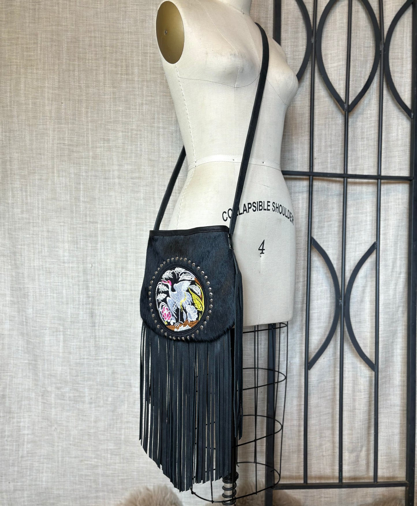 Black Studded Crane Bag with Fringe