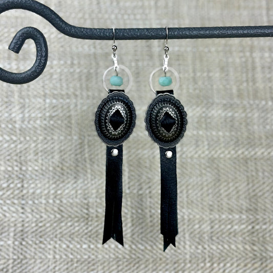Oval Concho Earrings with Black Fringe