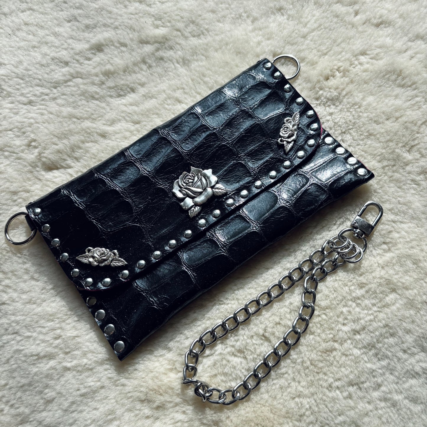 Black Croc Patent Rose Clutch