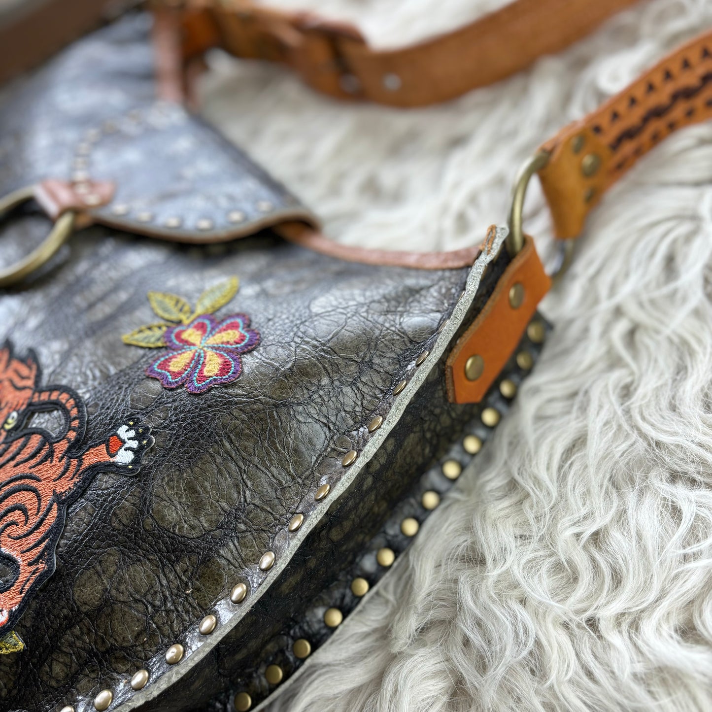 Olive Bark with Tiger Shoulder Bag