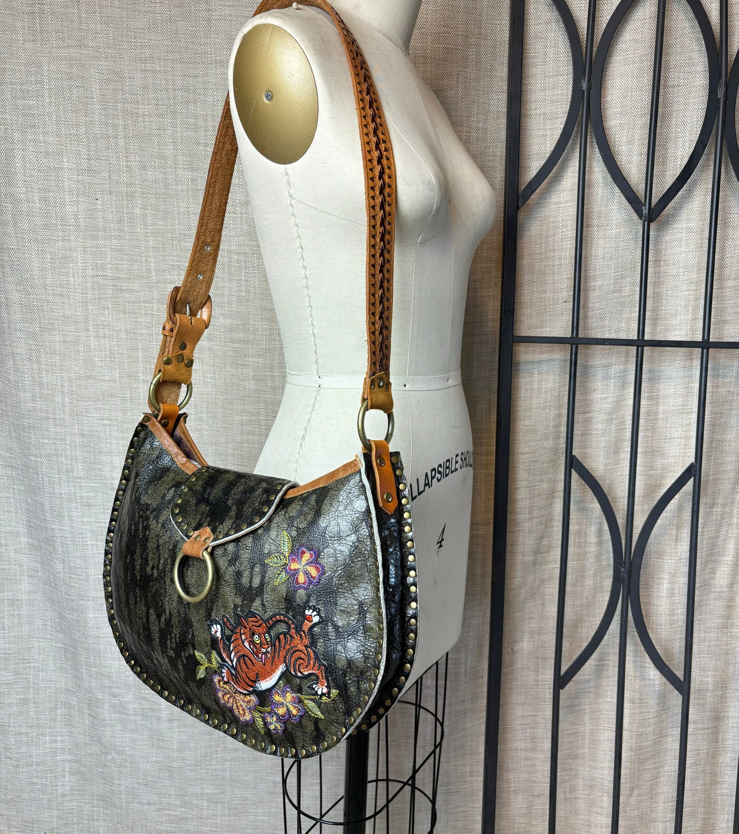 Olive Bark with Tiger Shoulder Bag