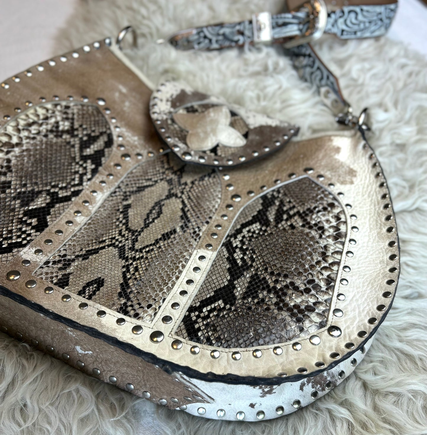 Distressed Leather and Python Cathedral Shoulder Bag