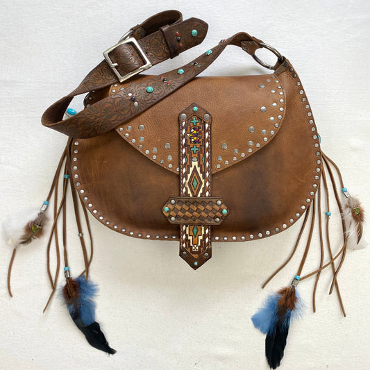 Rustic Saddle Brown Shoulder Bag with Removable Feather Tassels
