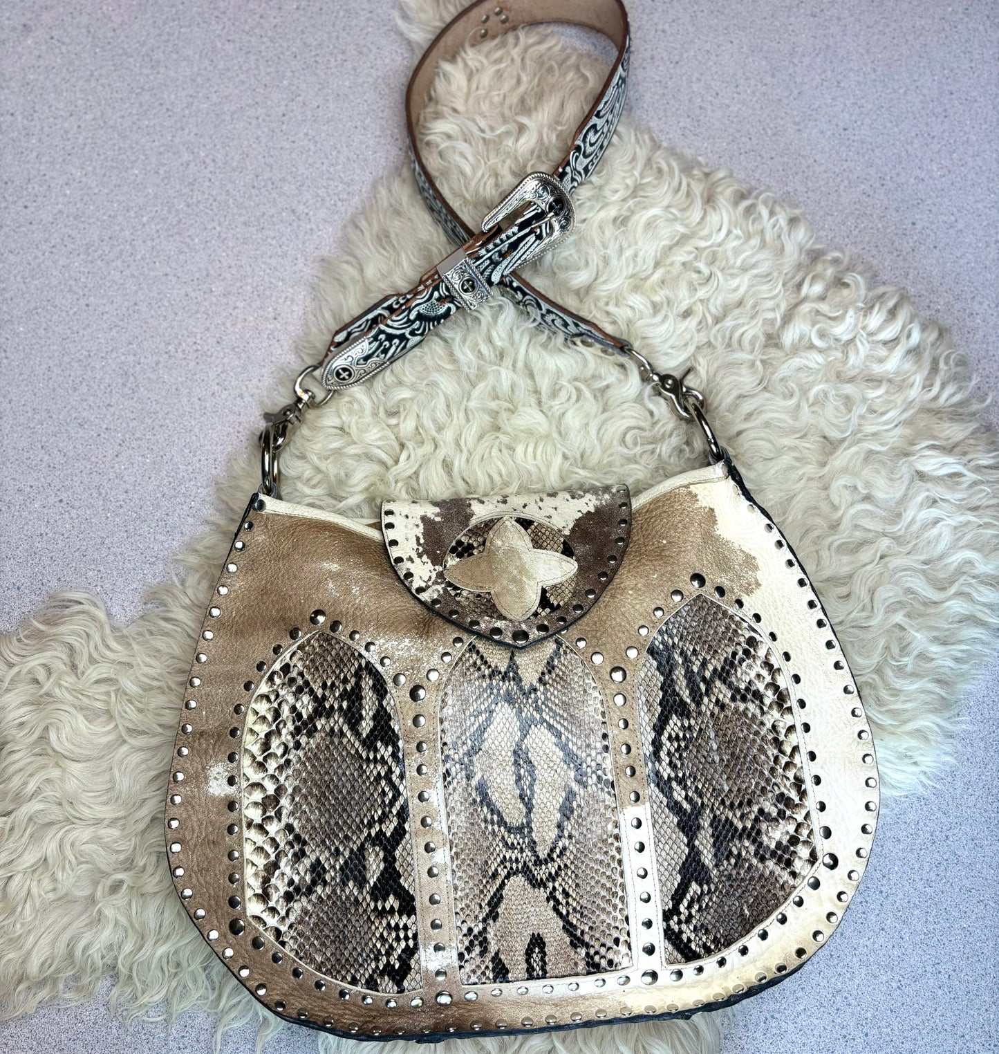 Distressed Leather and Python Cathedral Shoulder Bag