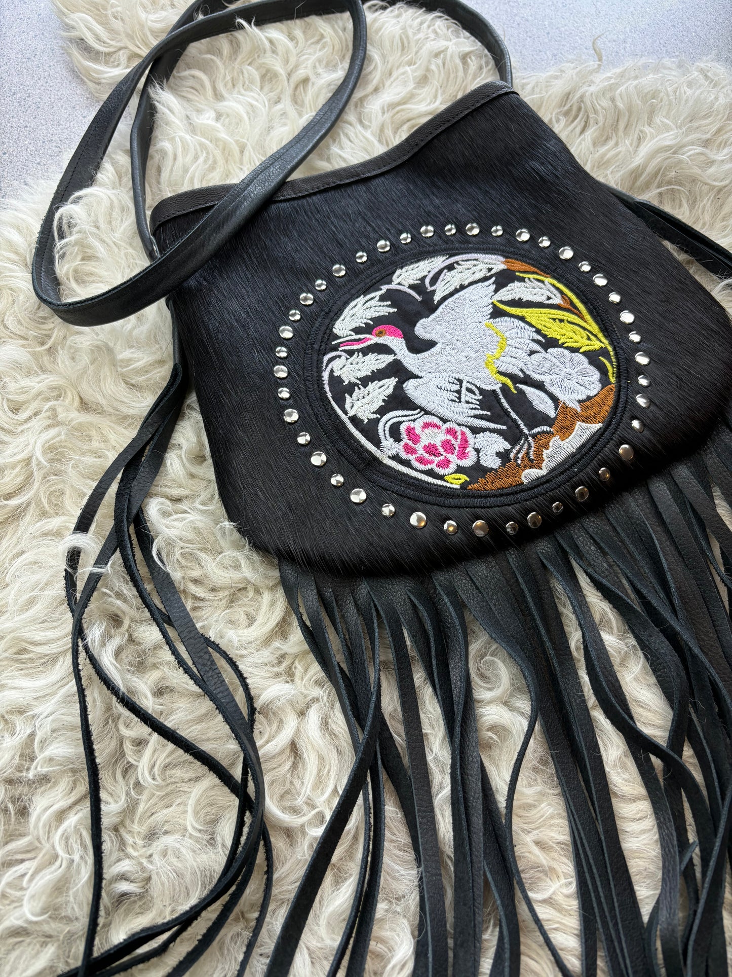 Black Studded Crane Bag with Fringe