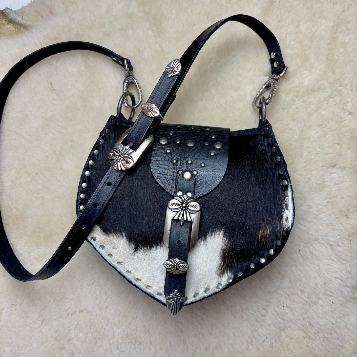 Black and White Cowhide Buckle Bag