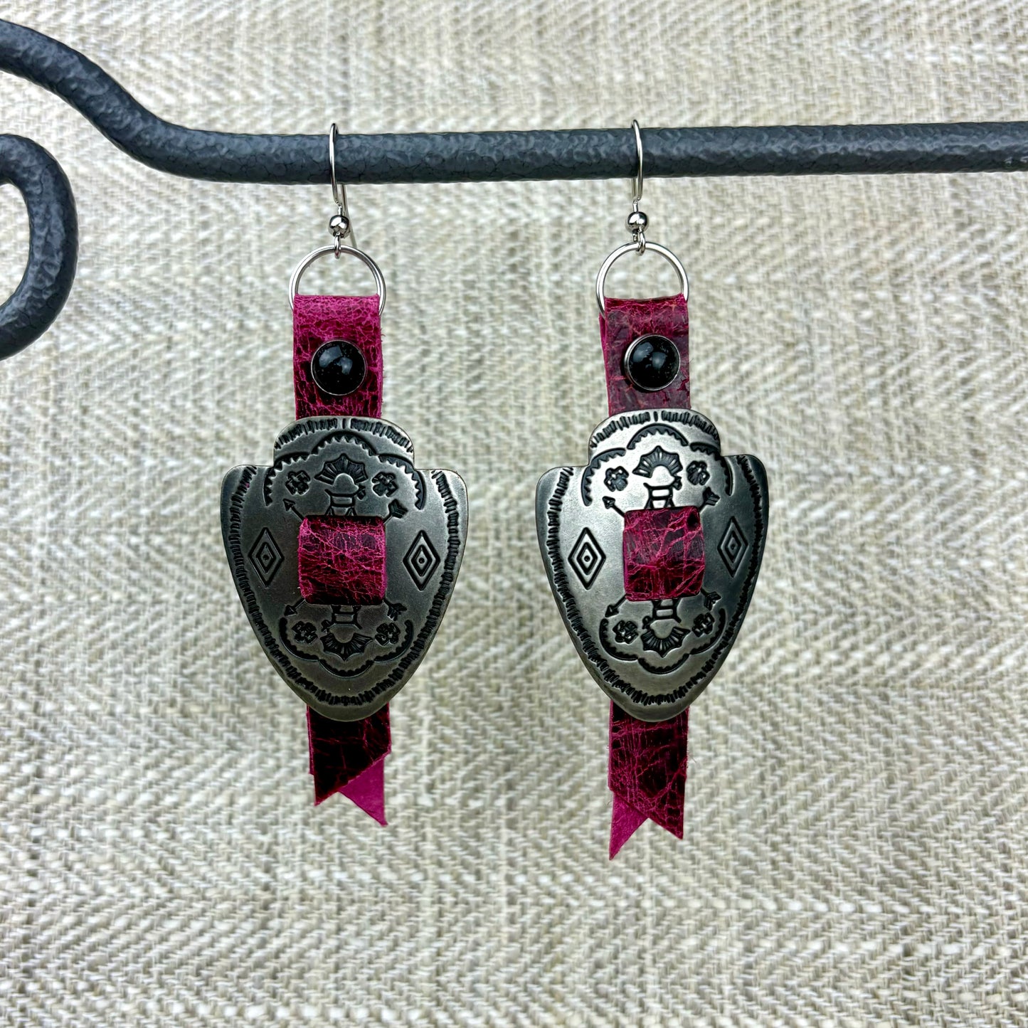 Arrowhead Concho Earrings with Hot Pink Leather