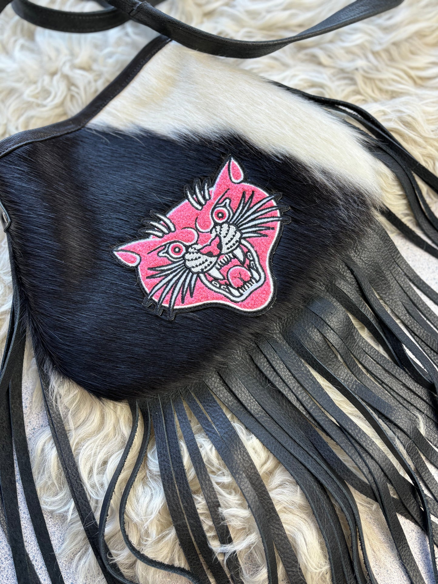 Black Cowhide with Pink Panther Fringed Crossbody