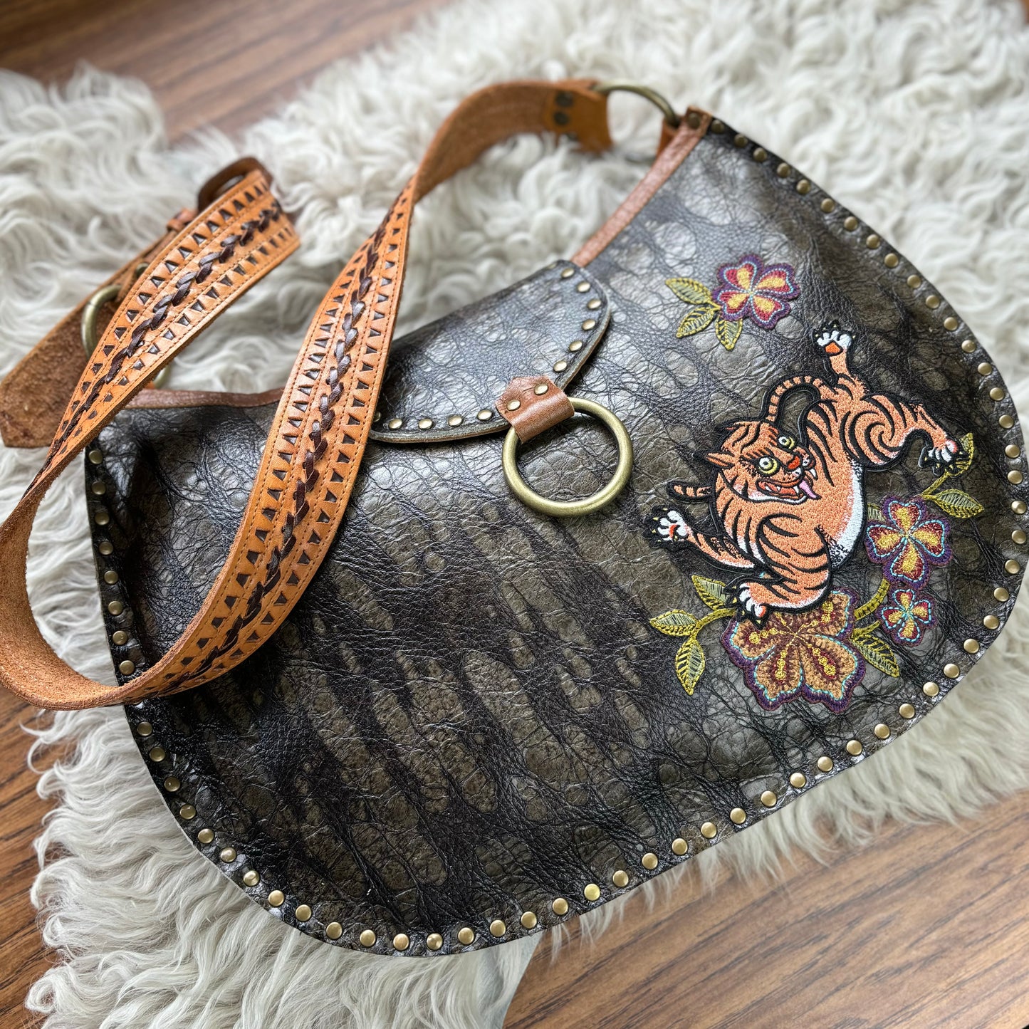 Olive Bark with Tiger Shoulder Bag