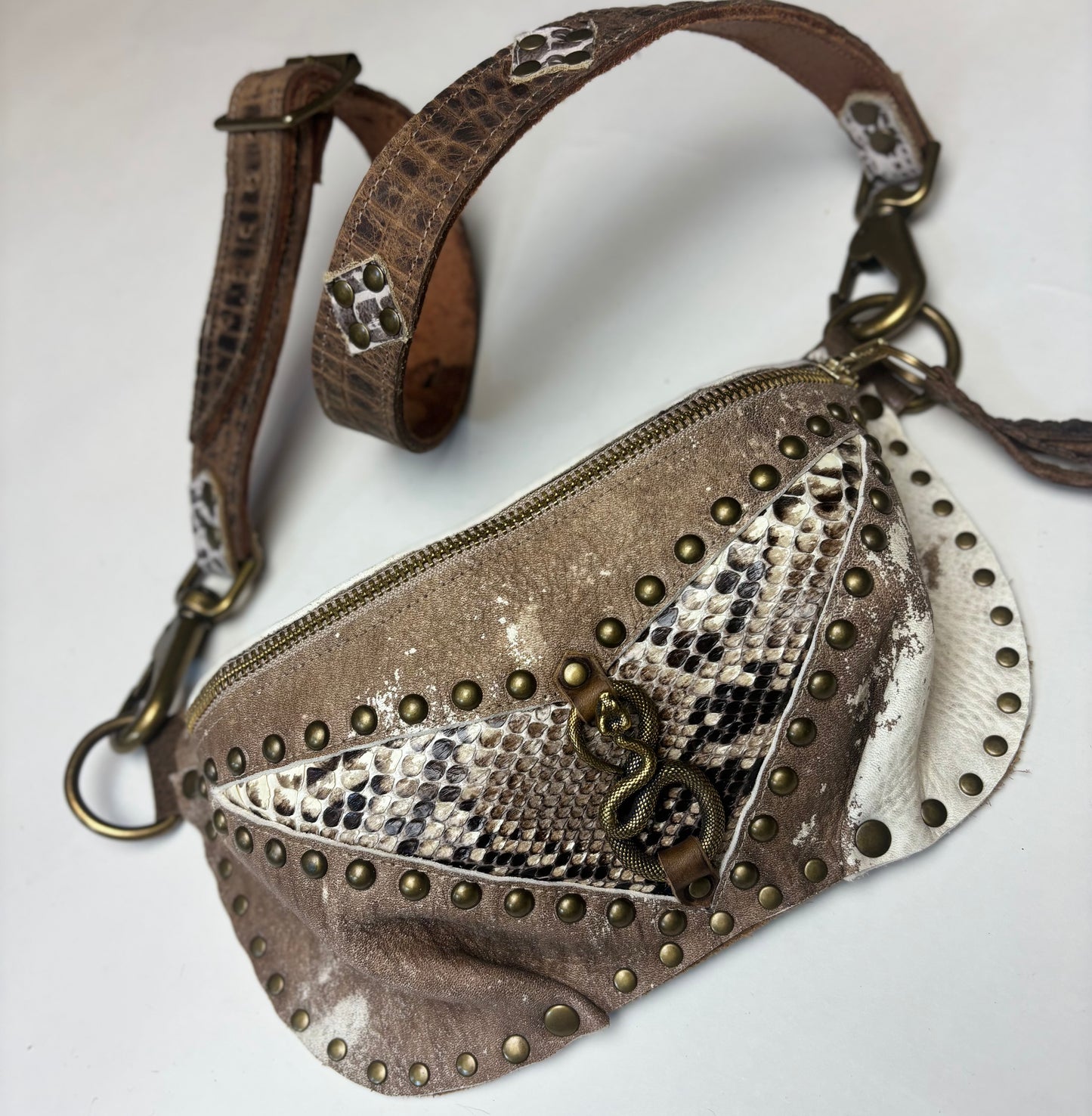 Distressed Tan and Ivory Python Fanny Pack