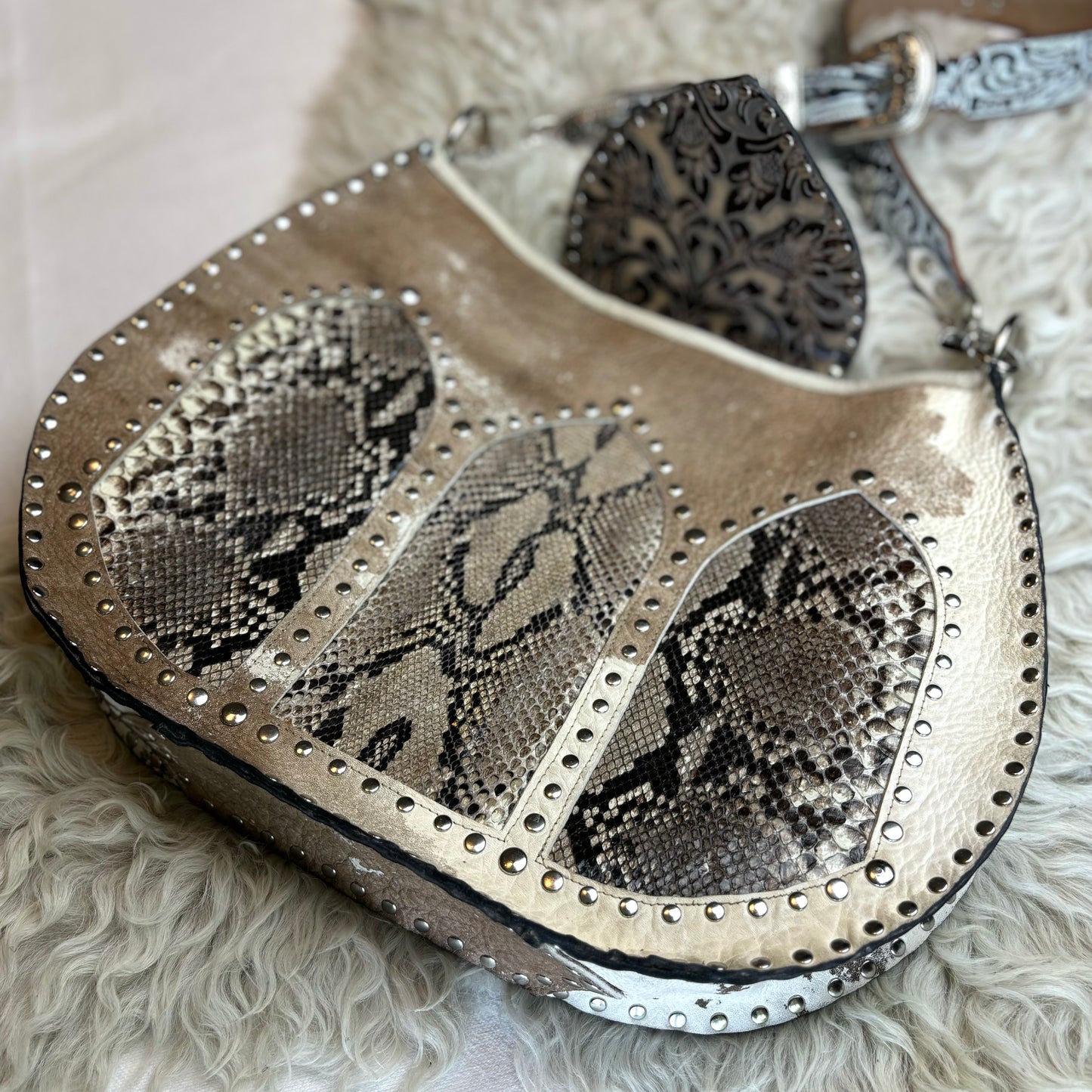 Distressed Leather and Python Cathedral Shoulder Bag