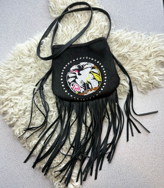 Black Studded Crane Bag with Fringe