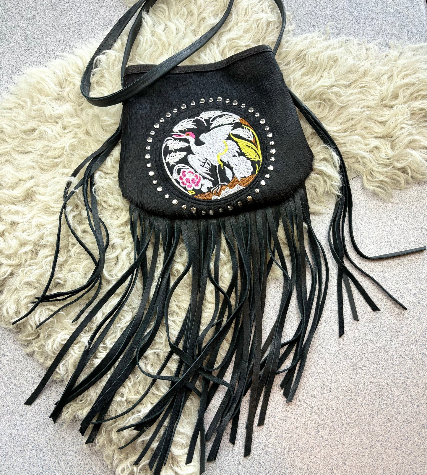 Black Studded Crane Bag with Fringe