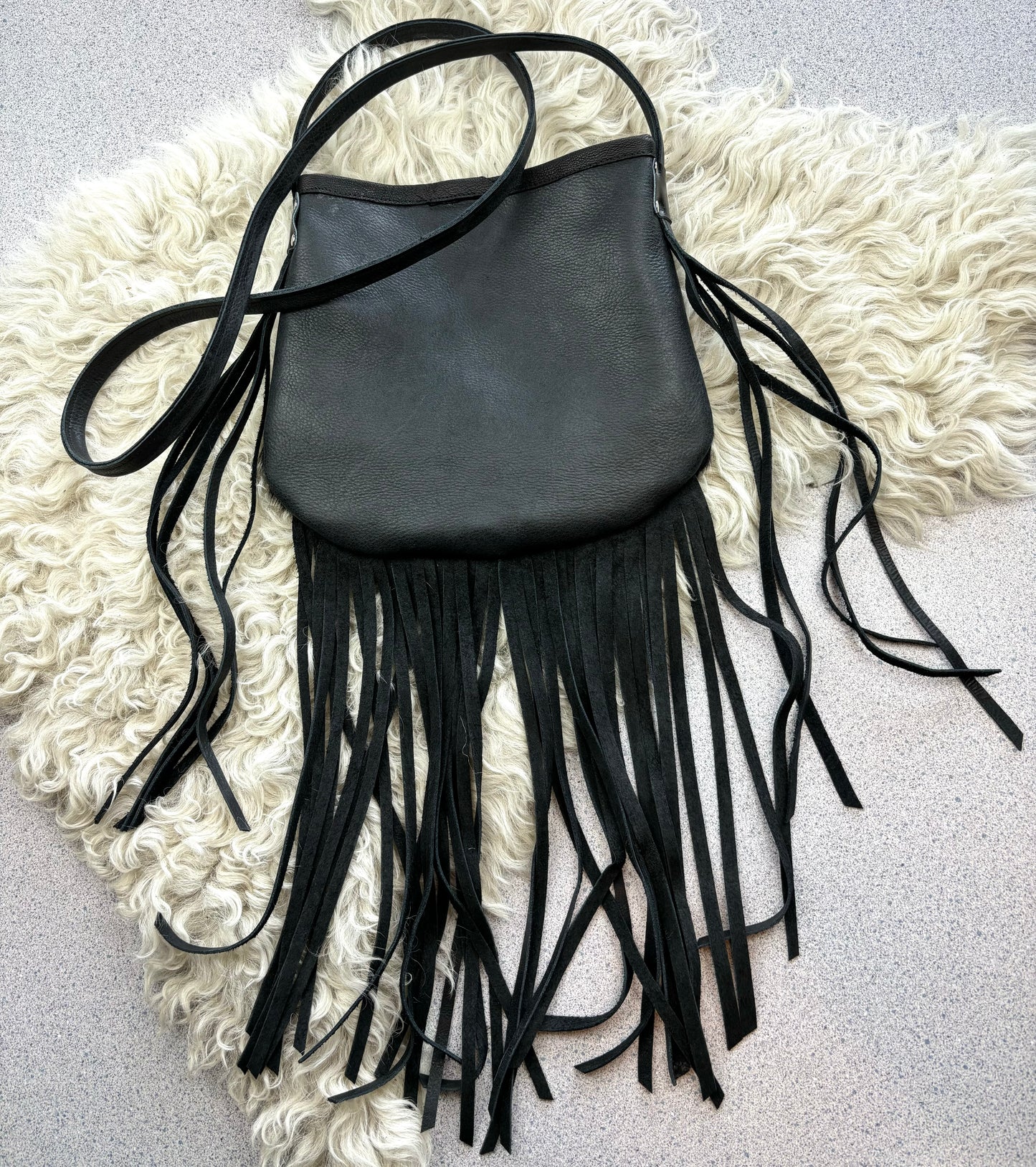 Black Studded Crane Bag with Fringe