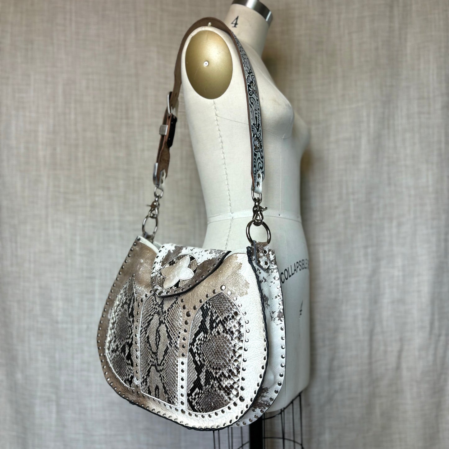 Distressed Leather and Python Cathedral Shoulder Bag