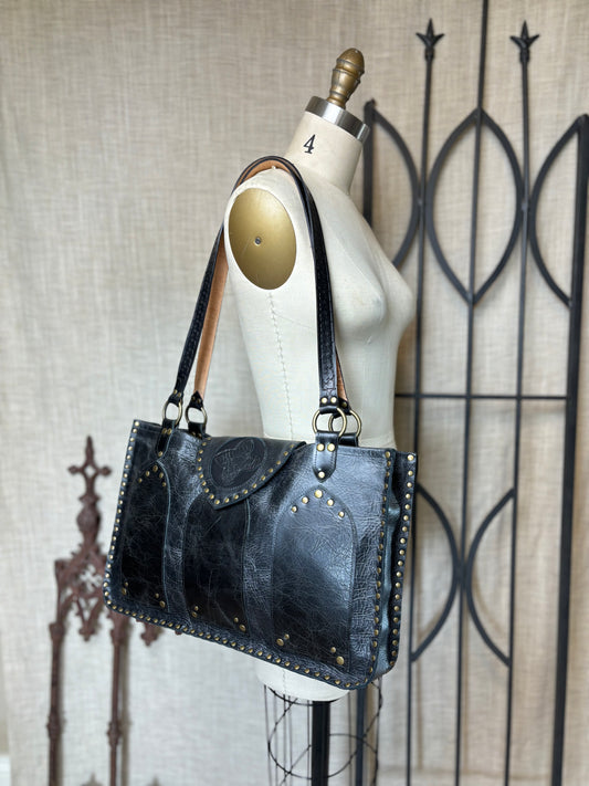 Distressed Black Cathedral Tote with Bronze Hardware