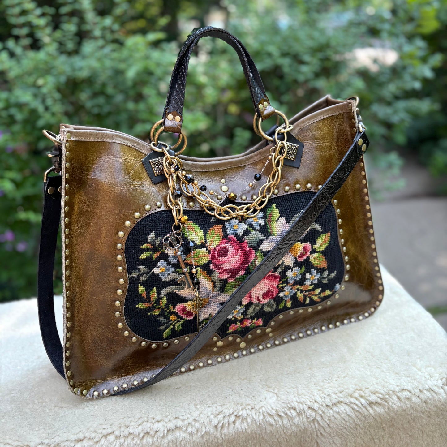 Olive Leather Bouquet Needlepoint Heirloom Bag