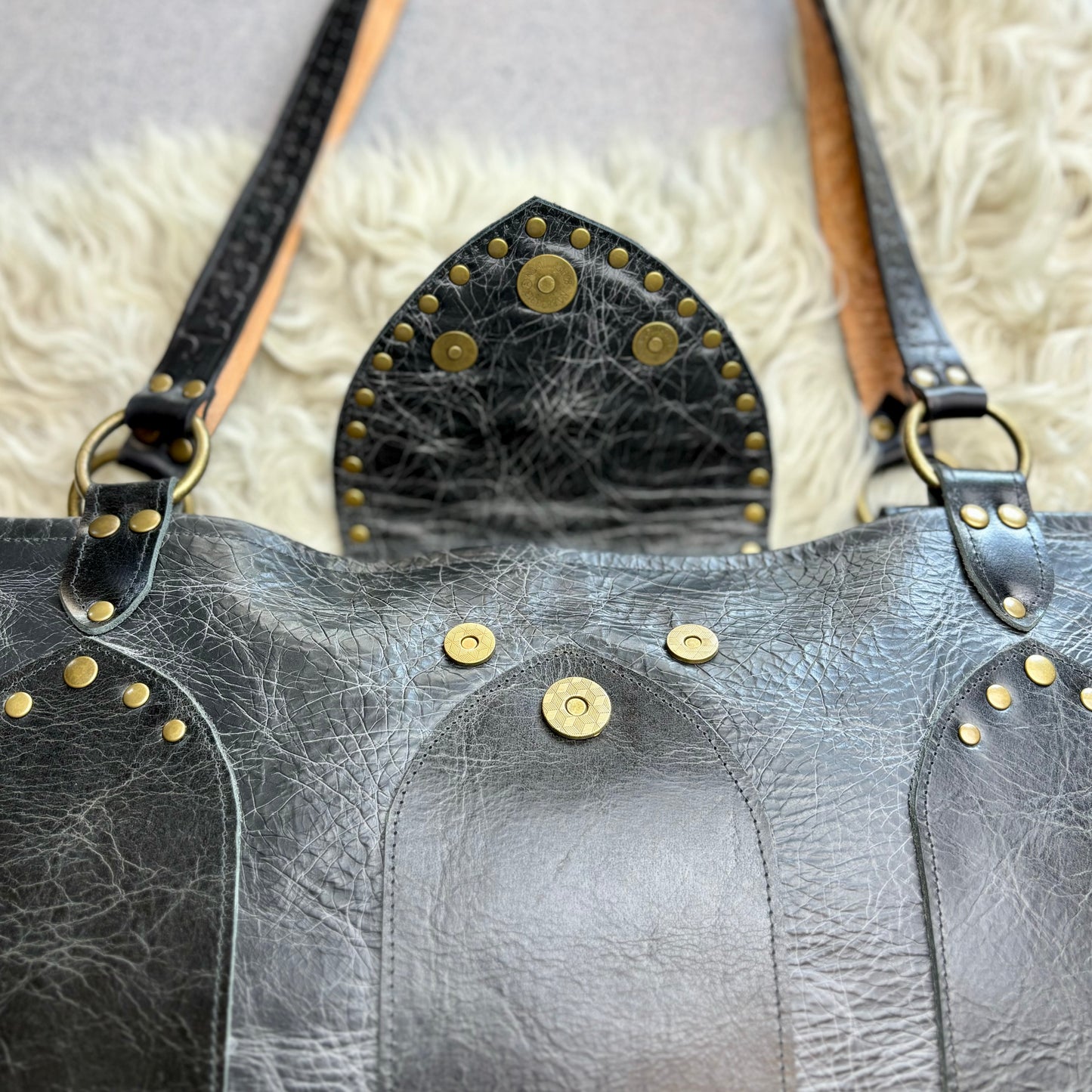 Distressed Black Cathedral Tote with Bronze Hardware