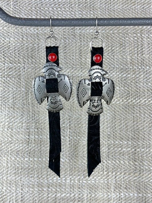 Thunderbird Earrings with Black Leather