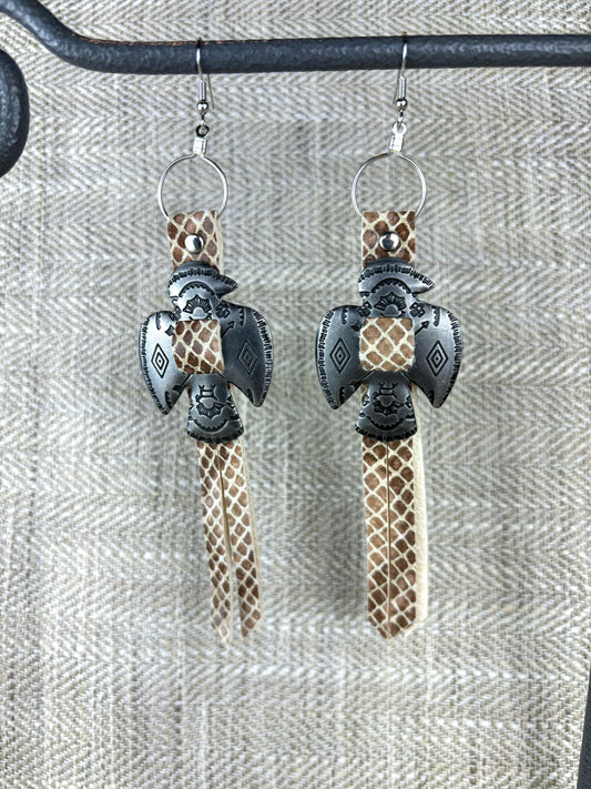 Thunderbird Earrings with Tan Leather Fringe