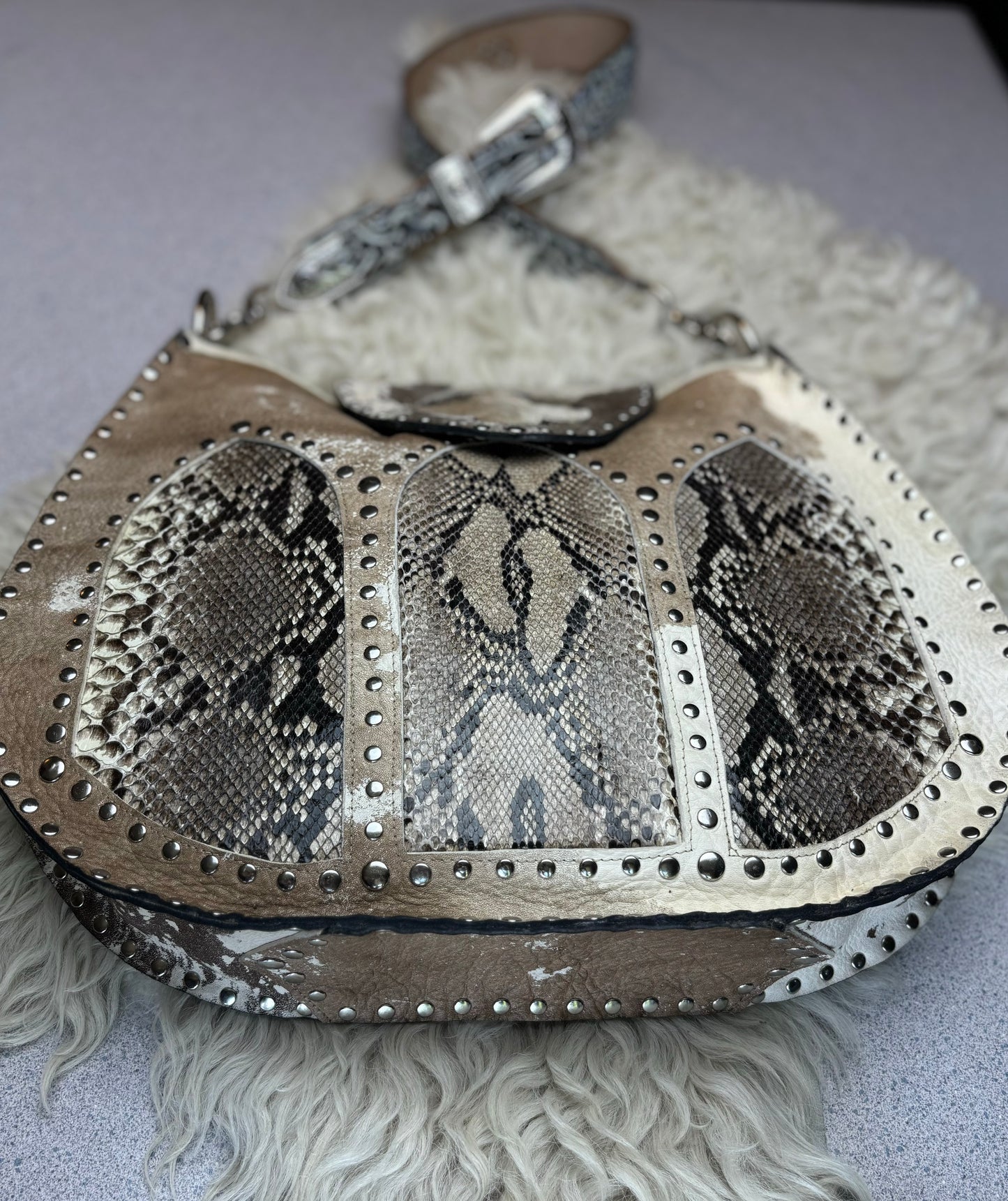 Distressed Leather and Python Cathedral Shoulder Bag