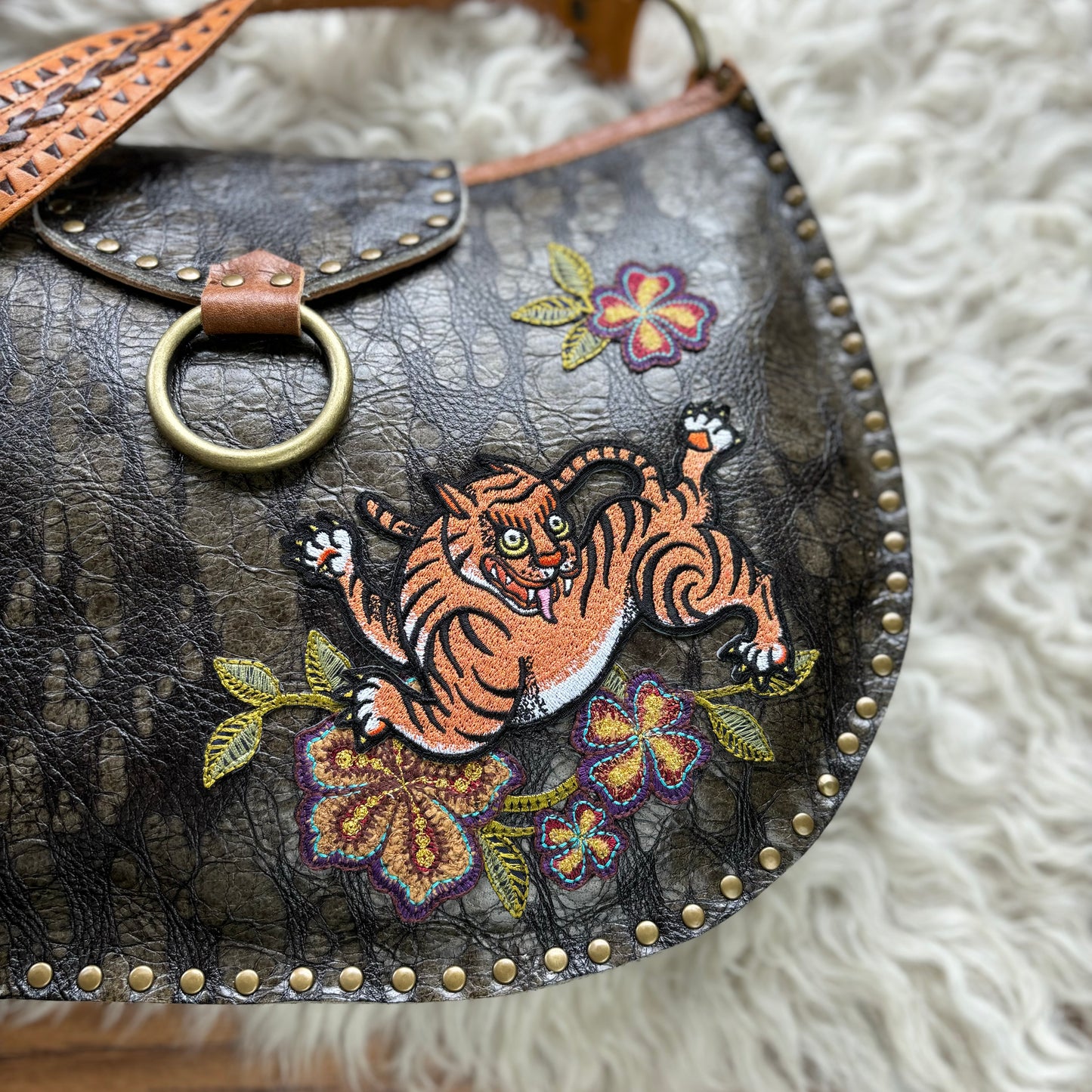 Olive Bark with Tiger Shoulder Bag