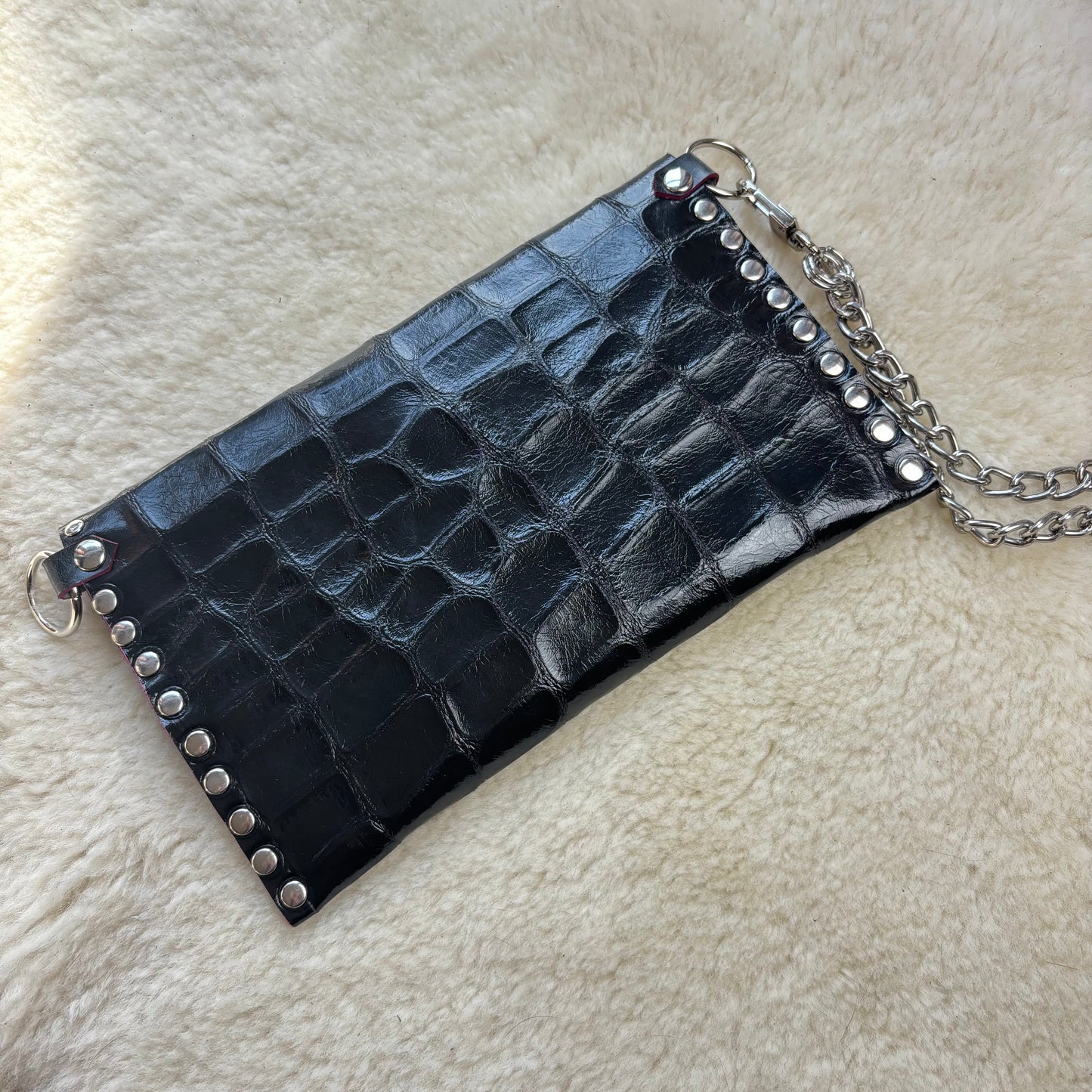 Black Croc Patent Rose Clutch