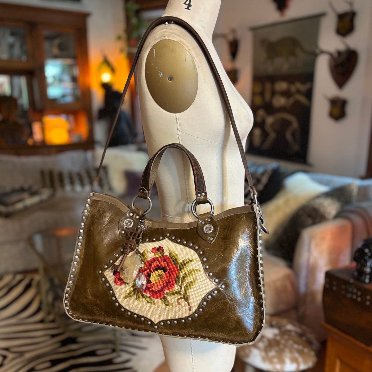 Needlepoint Poppy Heirloom Bag in Dark Olive