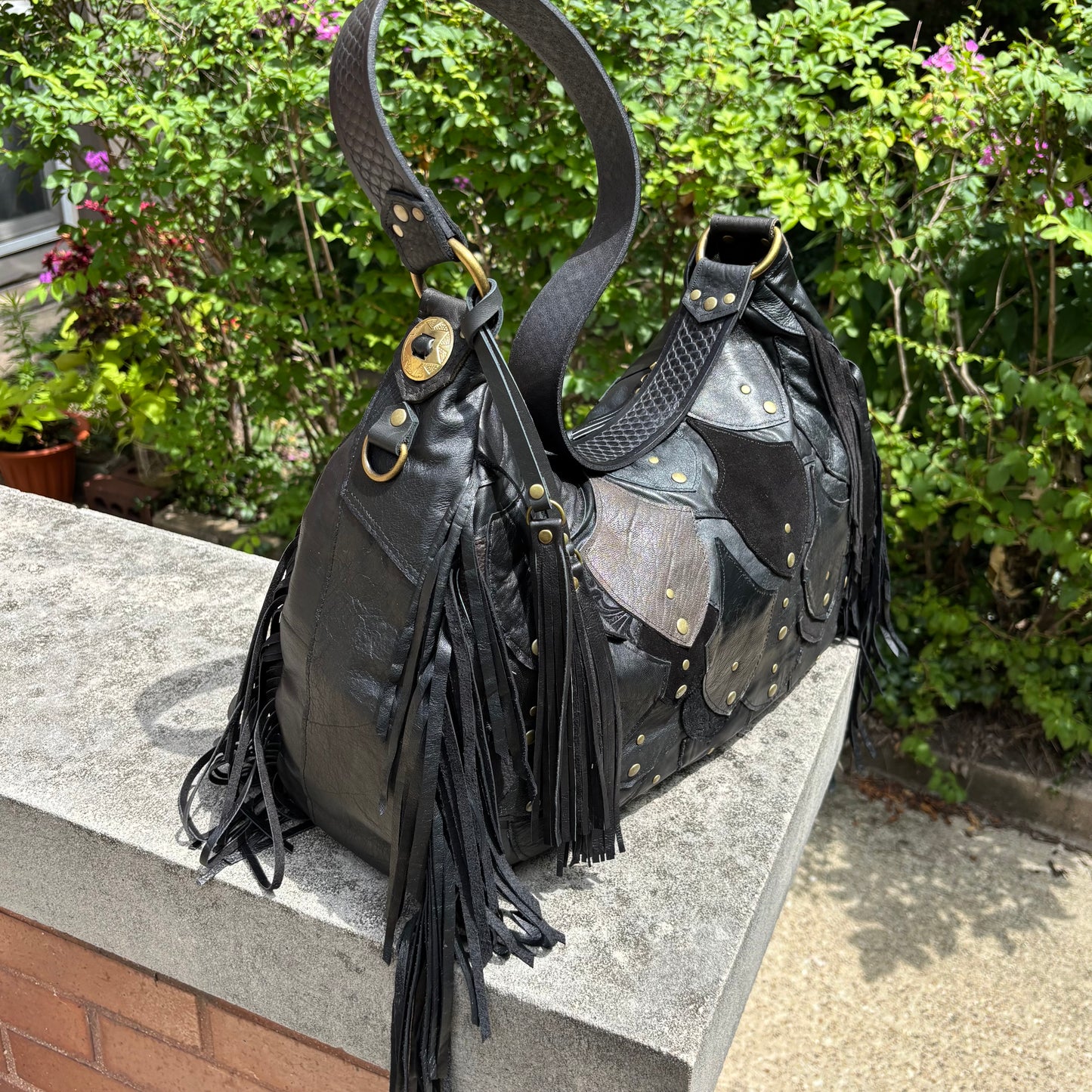 Reclaimed Leather Fishscale Ziptop Bag