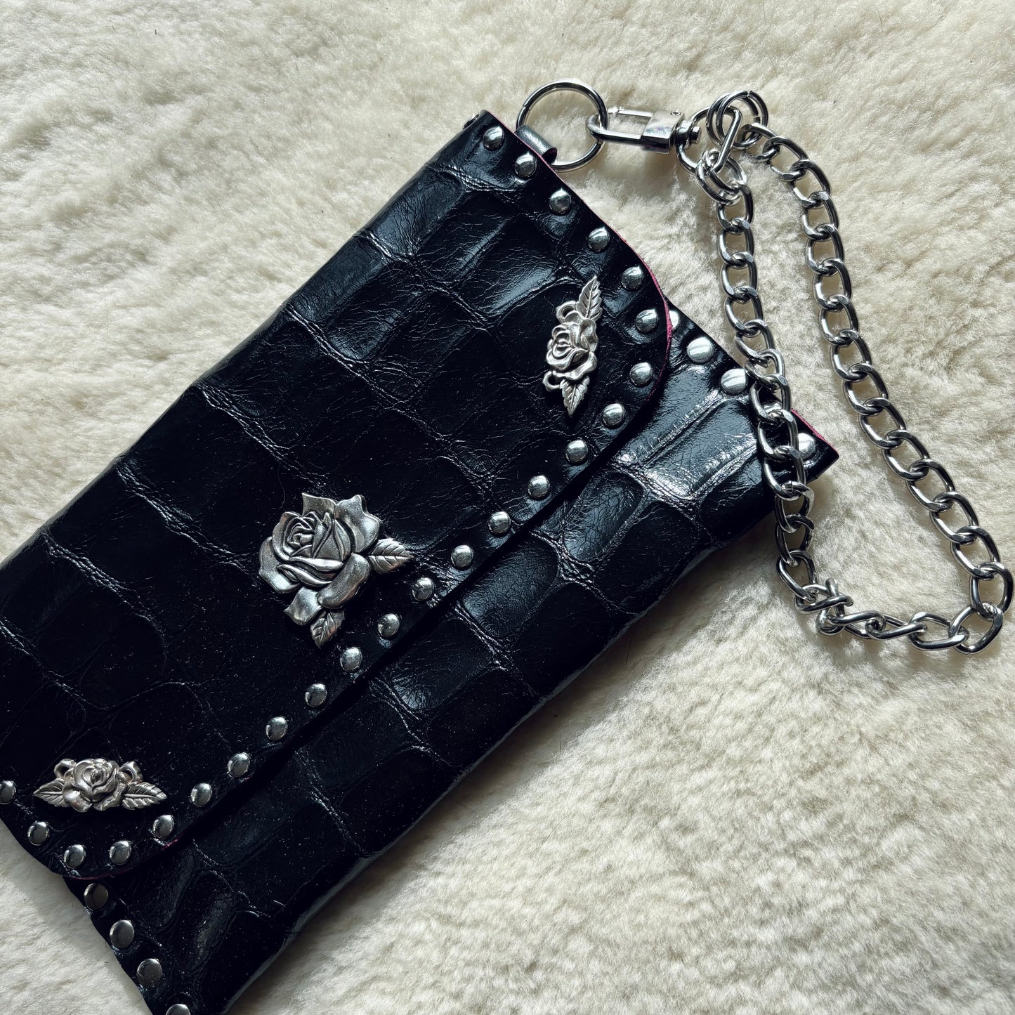 Black Croc Patent Rose Clutch