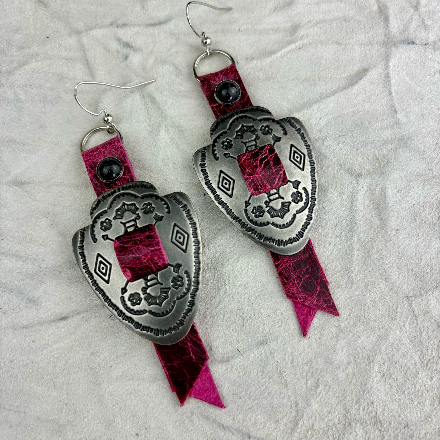 Arrowhead Concho Earrings with Hot Pink Leather