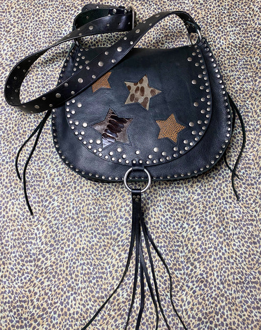Black Leather Studded Purse with Exotic Stars