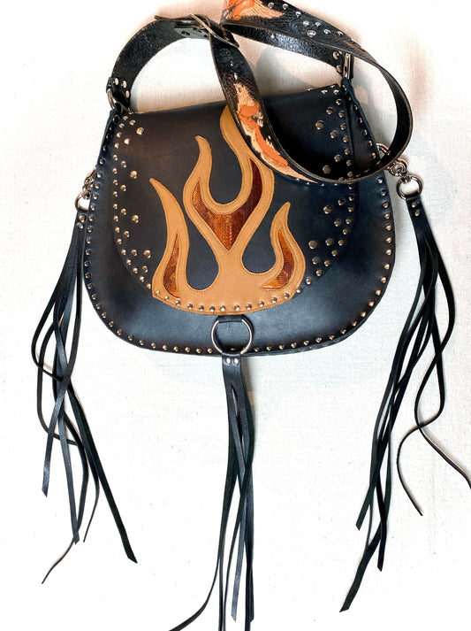 Black Flaptop Shoulder Bag with Flames & Tassels
