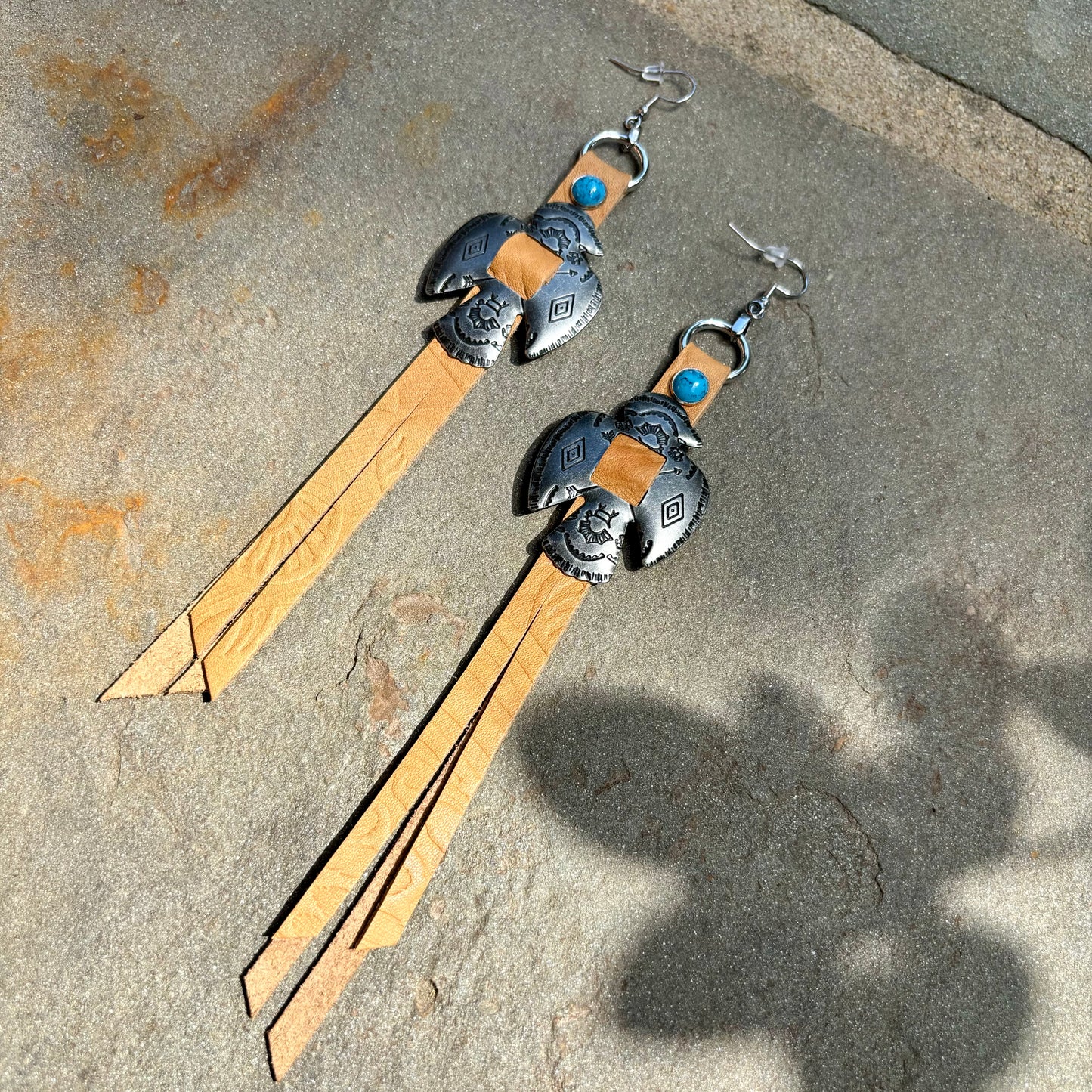 Tan Thunderbird Earrings with Turquoise