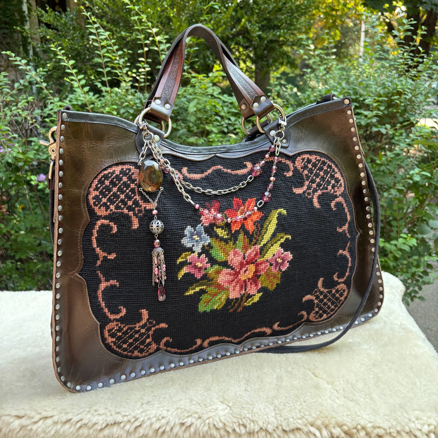 Floral Needlepoint Sable Leather Heirloom Bag