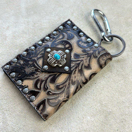 Tan Filigree Embossed Leather Wallet with Turquoise Concho