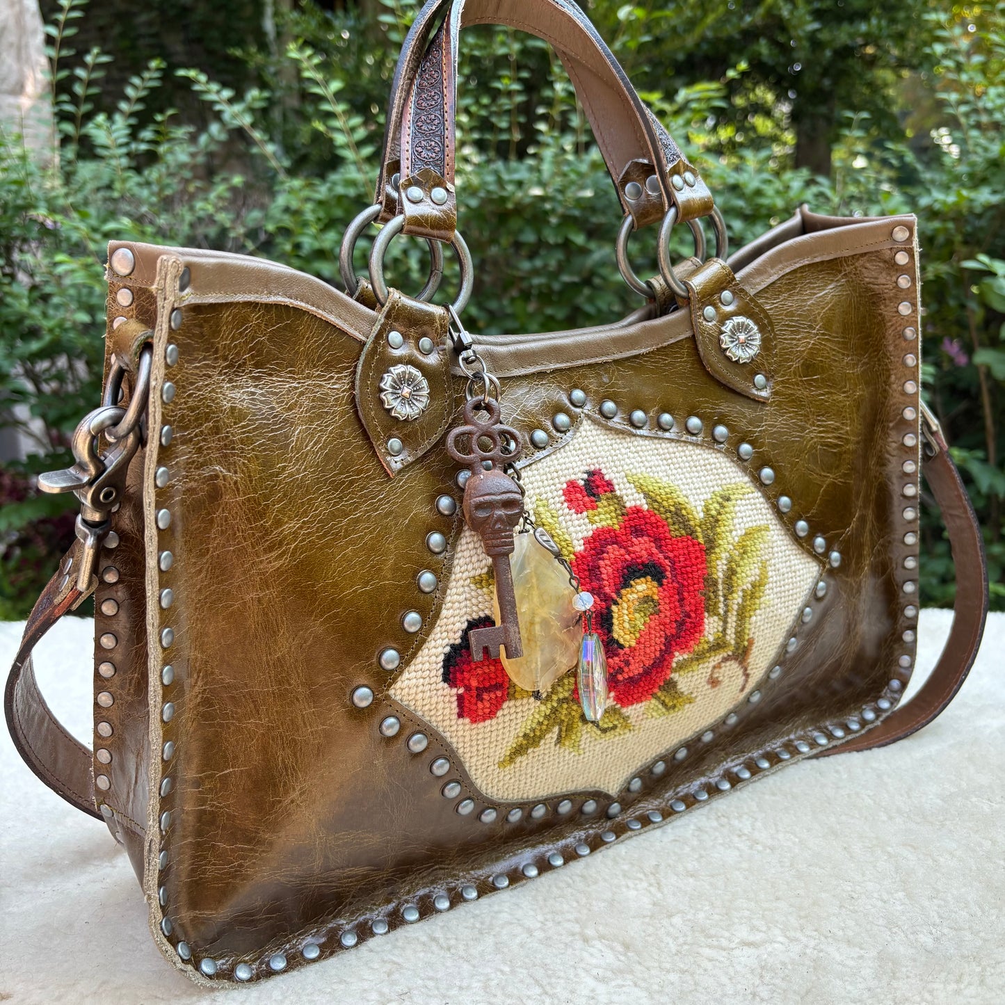 Needlepoint Poppy Heirloom Bag in Dark Olive
